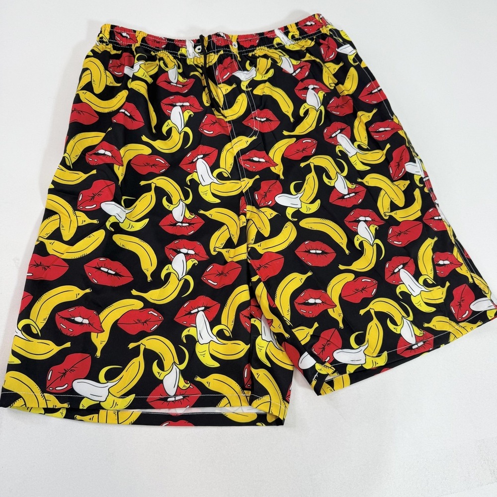 FT Fenteng Swim Shorts Mens XL Black Banana Lips Print Novelty Lined Trunks